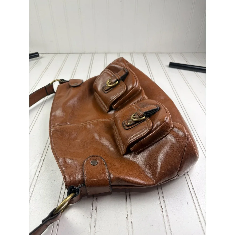 Vintage Y2K Brown Faux Leather Buckle Rustic Hobo Boho Shoulder Bag Purse